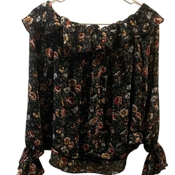 Oliveaceous Black Floral Off Shoulder Peasant Blouse Size M - Picture 4 of 6